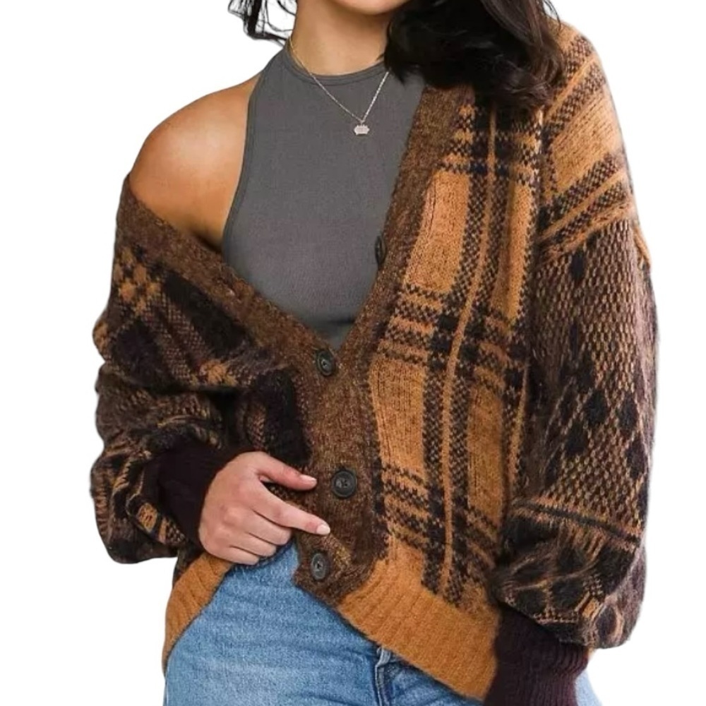 Free People Sepia Plaid Jacquard Oversized Cardigan Brown Size Small OB1530739 - Picture 3 of 10